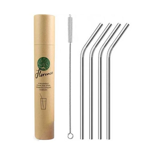 Florence Stainless Steel Sustainable Curved Drinking Straws 4 Pack with Cleaning Brush [ FO1810 ]