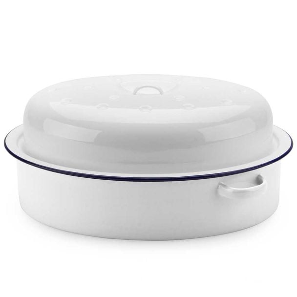 Falcon Enamelware 36cm Oval Roaster in White with Blue Rim [ RD3652 ]