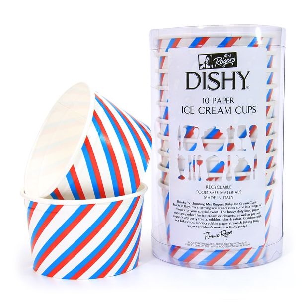 Dishy Italian Made Recyclable Paper Ice Cream Cups x 10 White & Pink Stripes [ RDIC001GP ]