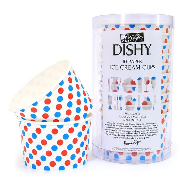 Dishy Italian Made Recyclable Paper Ice Cream Cups x 10 Blue & Red Dots [ RDIC002GP ]