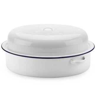 Falcon Enamelware 36cm Oval Roaster in White with Blue Rim [ RD3652 ]