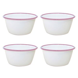 Dishy Enamelware 12cm Pudding Basin White with Pink Rim Enamel 4 Pack [ RD4675x4 ]